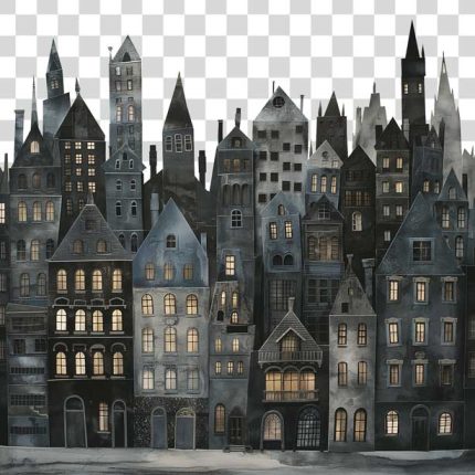 transparent building for a book for children in the style gothic, dark and using shades of grey