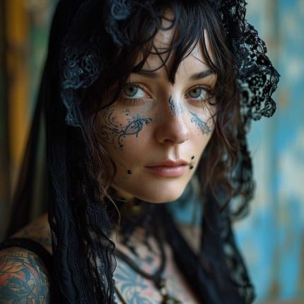 unhappy Girl with gothic dress with tattoo and black scarf