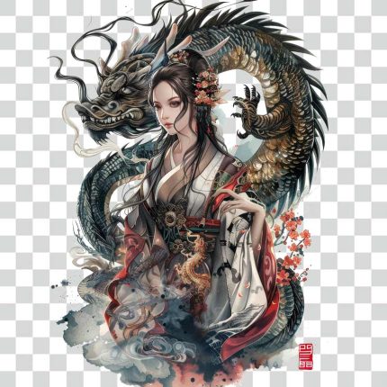 Japanese Art Dragon and girl design Transparent PNG