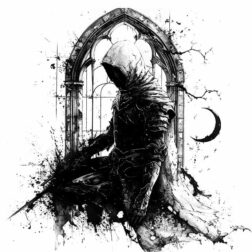 Knight fighter sword moon dark style black and white transparent PNG