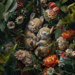 Realistic portrait of two baby hares rolling around in a flower meadow
