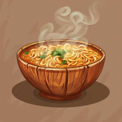 cute Cooked ramen in a wooden bowl steam