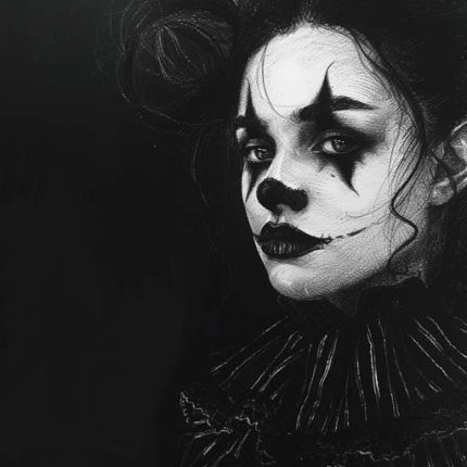 dark horror style victorian era female portrait with clown makeup