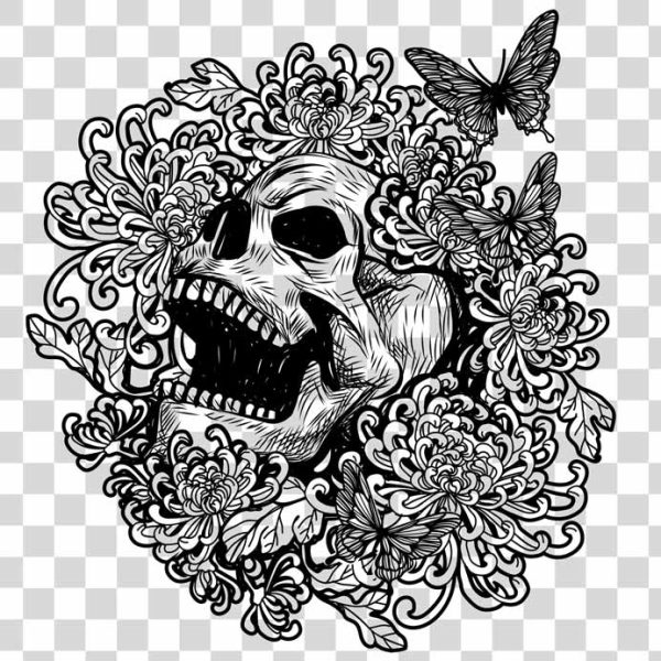 skull head with flowers and the butterfly no background PNG