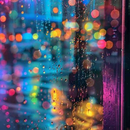 Shards of colored drops in a magical psychosocial electric space on a window in winter