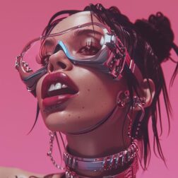 beautiful woman with cyberpunk tattoos and an open mouth in Pink background