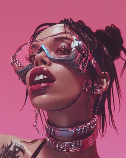 beautiful woman with cyberpunk tattoos and an open mouth in Pink background