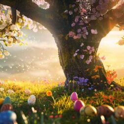 colourful prairy with a big old tree with easter eggs romantic sunny weather morning dew abstract
