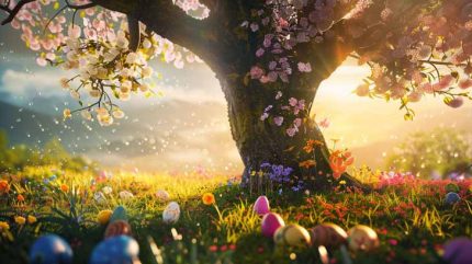 colourful prairy with a big old tree with easter eggs romantic sunny weather morning dew abstract