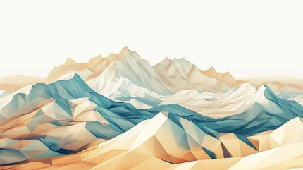 geometric landscape illustration of desert mountains hard lines horizon white background