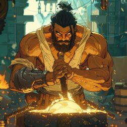 Anime style illustration of Hephaestus the Greek god of fire and forge