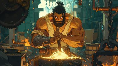 Anime style illustration of Hephaestus the Greek god of fire and forge