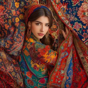 Iranian girl with amazing colored carpet in the background with traditional clothes
