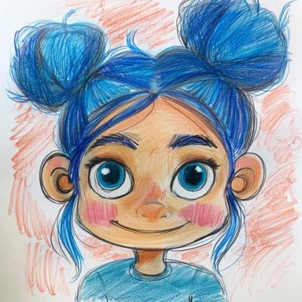 hand drawn character little girl from the kids show Bluey colored in with crayon