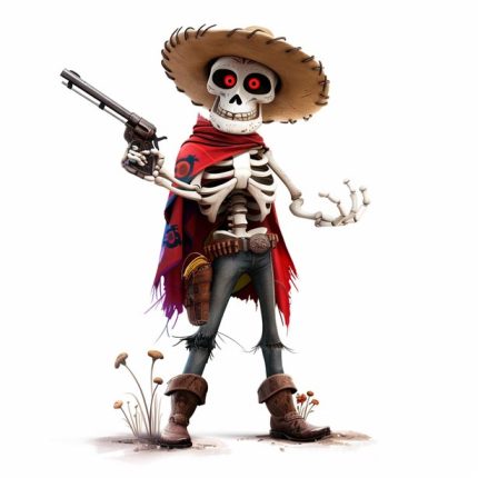 skull body with gun and red Cloak standing on the ground transparent PNG
