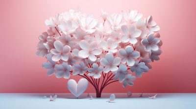 3D hearts blooming like flowers against a soft background embodying the growth and beauty of love