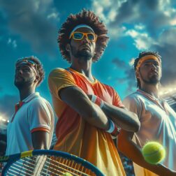 A realistic futuristic photo of 3 tennis players They must be in a stadium