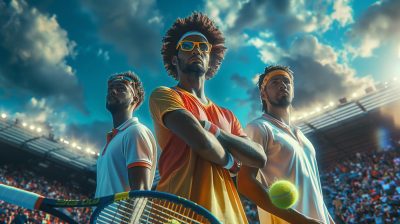 A realistic futuristic photo of 3 tennis players They must be in a stadium