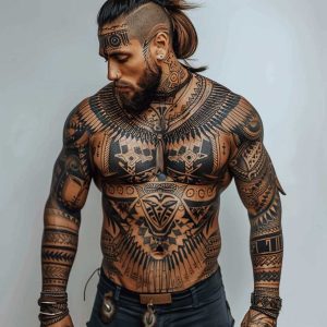 man with indian native american tattoo design on the body