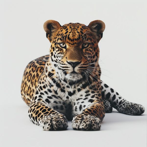 A leopard laying down full view ultra realistic white background