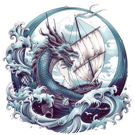 Chinese dragon with ship in the sea tattoo design transparent PNG