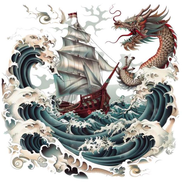 giant angry red Japanese dragon with ship in the sea tattoo design transparent PNG