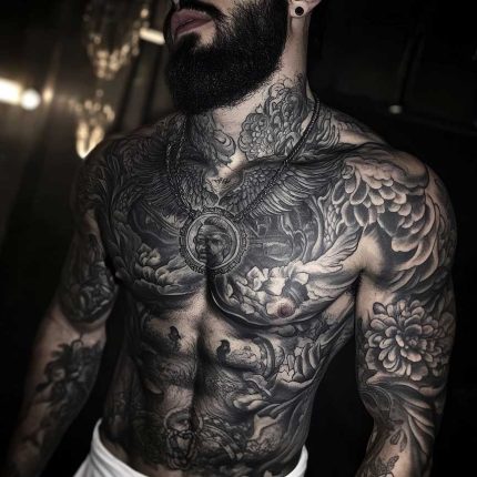 Muscular man with gothic tattoo design dark style