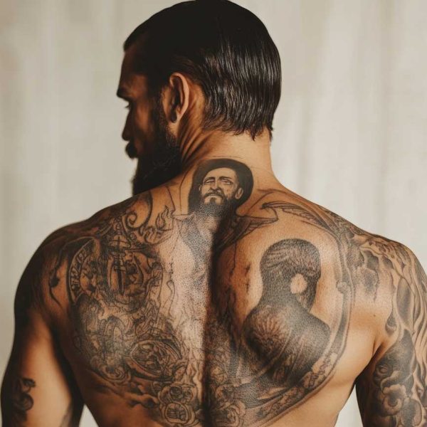 man with tattoo design holy Christ dark style