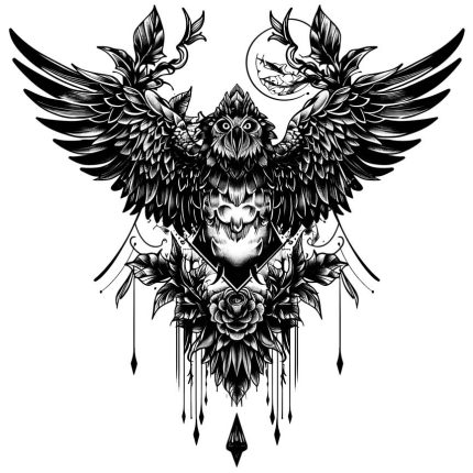 owl with open wings gothic style holy black and white transparent PNG