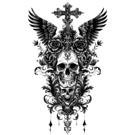 Gothic tattoo Design with skull dead items around it Black and white Transparent PNG