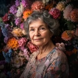 A portrait of a 60 years old woman with flower background