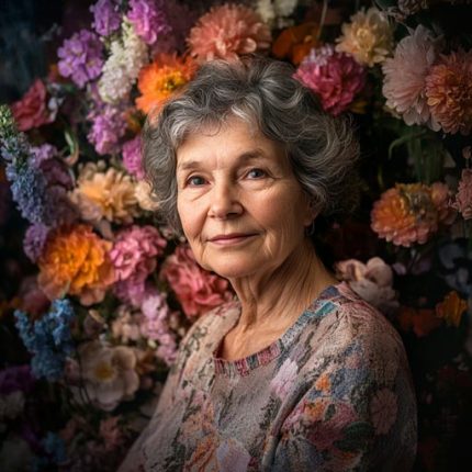 A portrait of a 60 years old woman with flower background