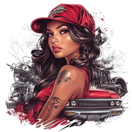 girl face with red car and mustang background gear transparent PNG