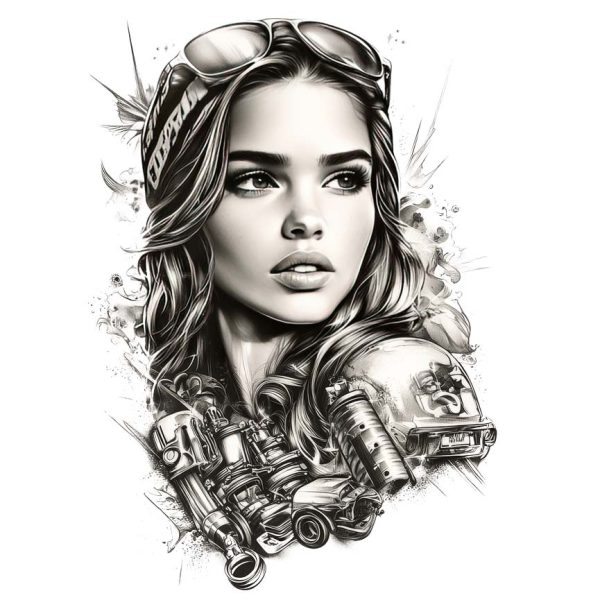 motorcycle girl with gears tattoo design transparent PNG