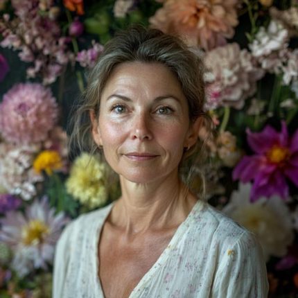 old woman with flower background