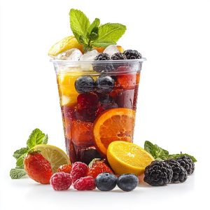 plastic cup with various fruits and ice