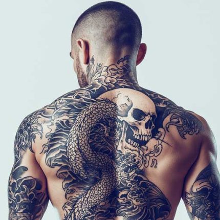 powerful man with skull tattoo design