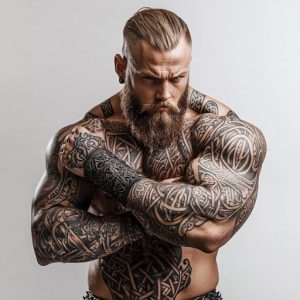 powerful man with celtic tattoo design