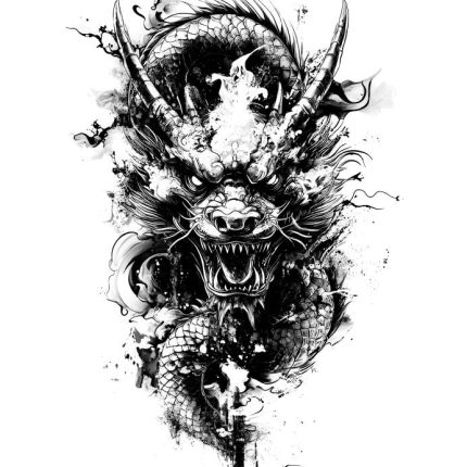 Black and white Scary Dragon Japanese style transparent PNG