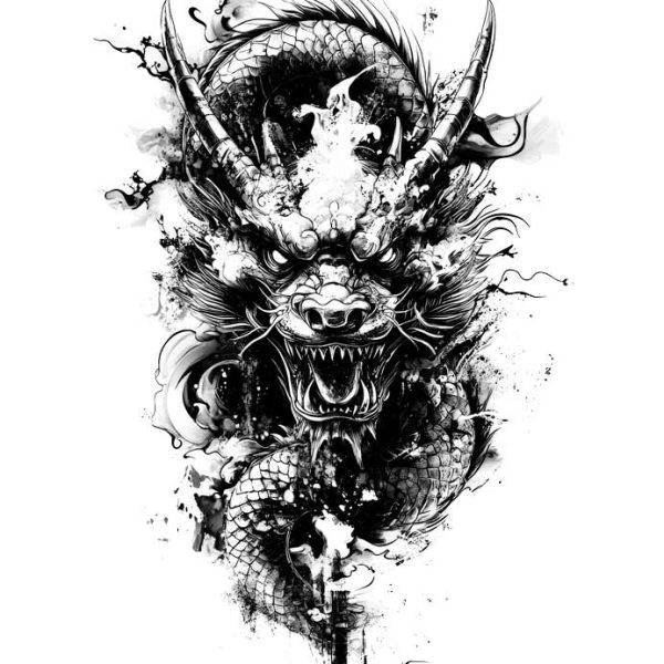 Black and white Scary Dragon Japanese style transparent PNG