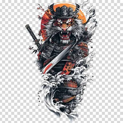 color Japanese tiger with sword tattoo design PNG