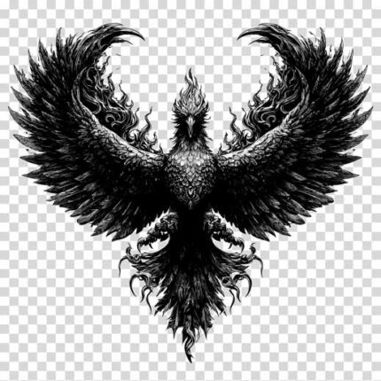 black and white Phoenix with open wings in the gothic style transparent PNG