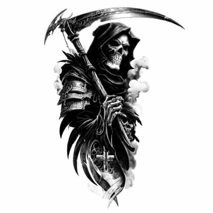 black and white Grim reaper standing with a symbol of death PNG