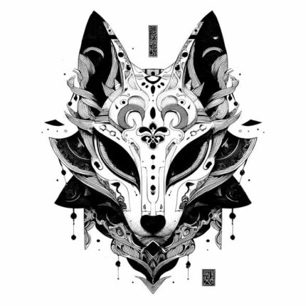 black and white Kitsune style tattoo design PNG