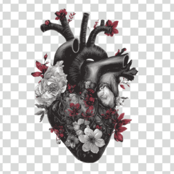 Black and white design of a dark heart and flower with gothic style PNG
