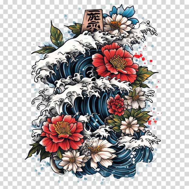 Color-Flower-wave-tattoo-design-transparent-PNG Color Flower wave tattoo design transparent PNG