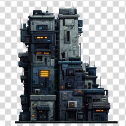 Sci fi Cyberpunk Building with industrial aesthetic and utilitarian PNG