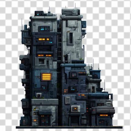 Sci fi Cyberpunk Building with industrial aesthetic and utilitarian PNG