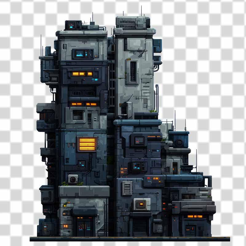 Cyberpunk-Building-with Sci fi Cyberpunk Building with industrial aesthetic and utilitarian PNG