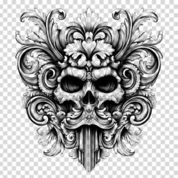 Gothic Scary skull with ornamental design black and white transparent PNG